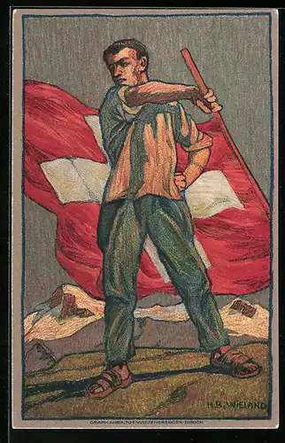 Künstler-AK Schweizer Bundesfeier 1912, Mann mit Flagge im Gebirge, Ganzsache