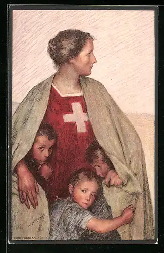 AK Schweizer Bundesfeier 1917, Helvetia behütet ihre Kinder, Ganzsache