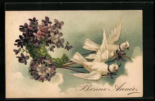 Präge-AK Weisse Tauben ziehen Blumen, Neujahrsgruss