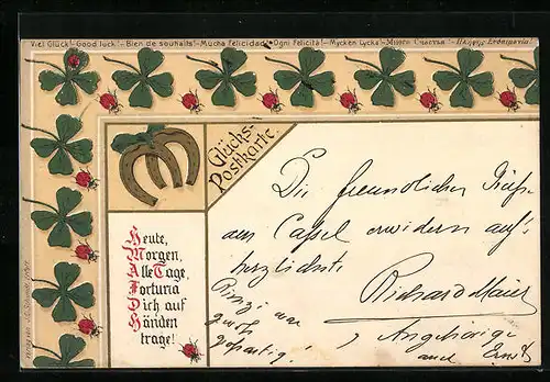 AK Marienkäfer, Glücksklee und Hufeisen