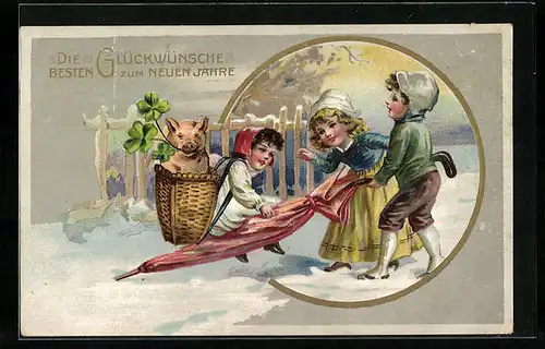 AK Kinder mit Schwein im Korb, Neujahrsgruss