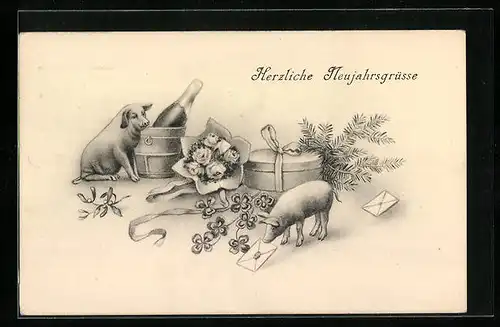 AK Schweine mit Sektflasche und Blumenstrauss, Neujahrsgruss