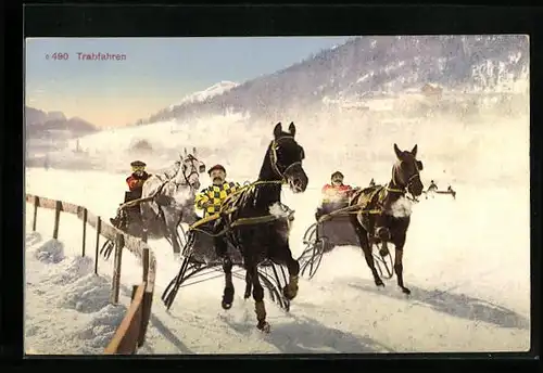 AK Drei Jockeys fahren Trab im Schnee