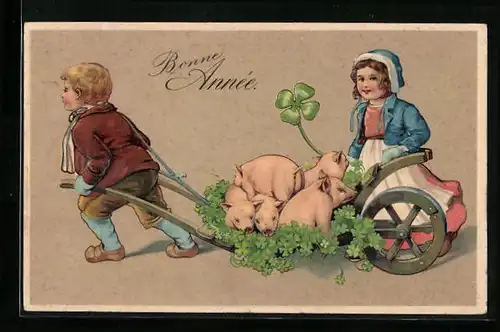 Präge-AK Zwei Kinder und Karre mit Schweinen, Neujahrsgruss