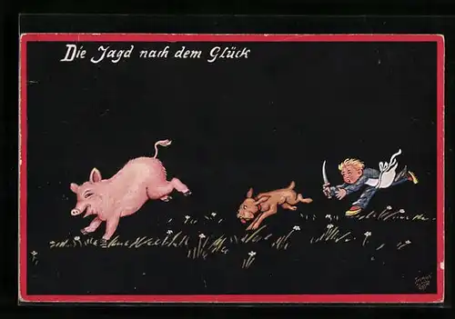 AK Knabe mit Messer und Hund jagen einem Schwein hinterher