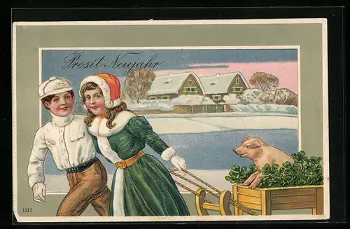 Präge-AK Junges Paar mit Schwein im Schlitten, Neujahrsgruss