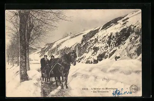 AK Pferdeschlitten auf vereistem Weg in der Montagne