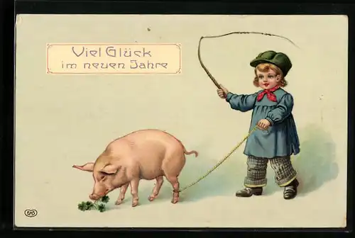 AK Kleiner Junge mit erhobener Peitsche und Schwein an Leine, Neujahrsgruss