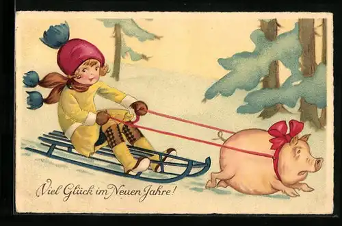 AK Kind auf von ängstlichem Schwein gezogenem Schlitten, Neujahrsgruss