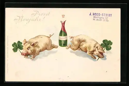Lithographie Sektflasche und zwei Schweine, Neujahrsgruss