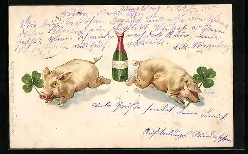 Lithographie Sektflasche und zwei Schweine mit Kleeblättern