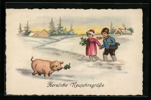 AK Zwei Kinder und ein Schwein im Schnee, Neujahrsgruss