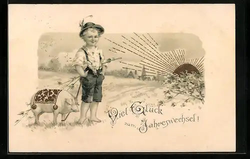 Lithographie Knabe mit Schwein im Sonnenuntergang, Neujahrsgruss