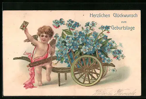 AK Amor mit einem Blumenwagen, Glückwunsch zum Geburtstag