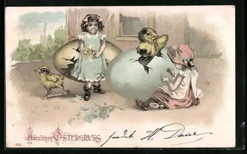 AK Osterküken schlüpfen aus dem Ei, Ostergruss