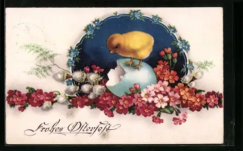 AK Osterküken sitzt auf einer Eierschale