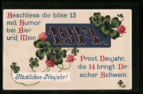AK Jahreszahl 1914, Kleeblätter, Prosit Neujahr