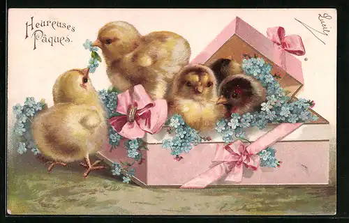 AK Osterküken in der Geschenkebox mit Vergissmeinnicht
