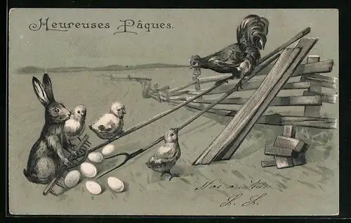 AK Heureuses Paques, Osterhase mit Osterküken