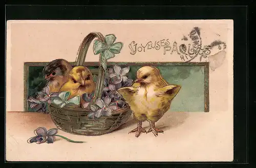 AK Osterküken im Korb mit Veilchen