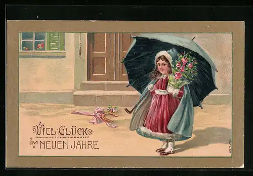 AK Mädchen mit Schirm bringt Neujahrsgrüsse