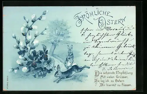 AK Fröhliche Ostern, Osterhasen im Grünen