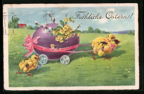 AK Osterküken ziehen Osterei-Wagen