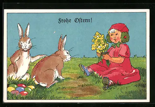 AK Frohe Ostern, Mädchen mit Blumen und Osterhasen