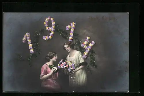 AK Jahreszahl 1914, Damen mit Blumen und Sekt