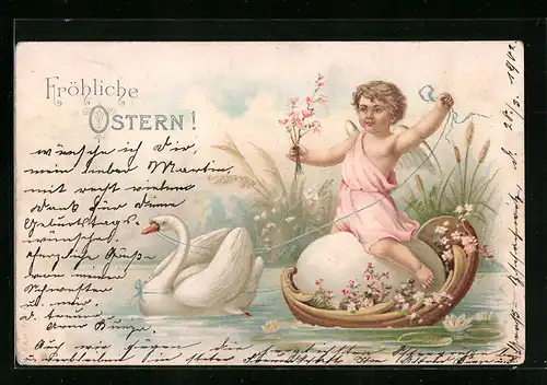 AK Fröhliche Ostern, Engelchen im Boot, Schwan