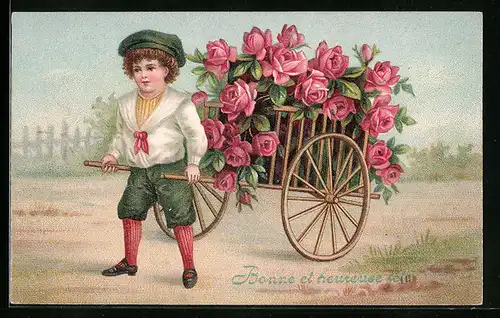 AK Junge mit Blumen-Karren, Bonne et heureuse fete