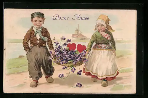 AK Pärchen mit Korb voller Blumen und Herzen, Bonne Année, Neujahr