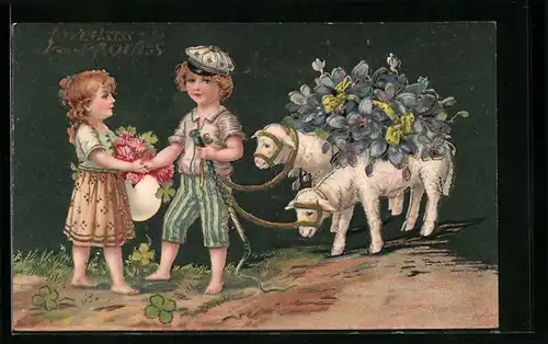AK Joyeuses Paques, Lämmer mit Blumen, Ostern