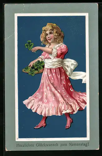 AK Fräulein mit Kleeblättern, Glückwunsch zum Namenstag