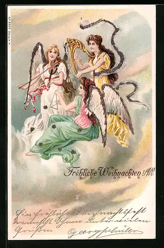 AK Weihnachtsengel spielen Harfe und Violine