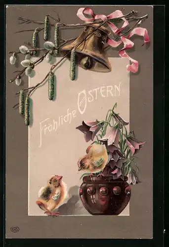AK Osterküken mit Glocke und Blumen