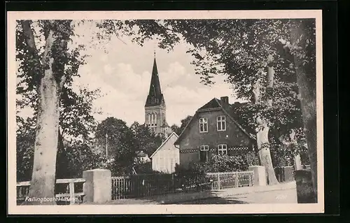 AK Fallingbostel i. Hann., Strassenpartie mit Kirchturm