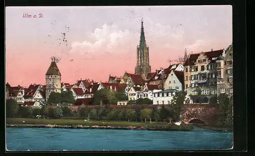 AK Ulm a. D., Uferpartie mit Kirche