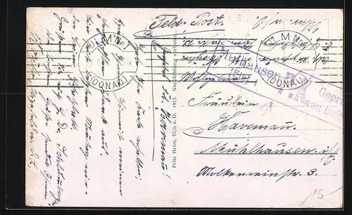 AK Ulm a. D., Uferpartie mit Kirche