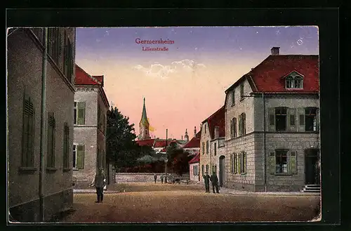 AK Germersheim, Lilienstrasse mit Soldaten