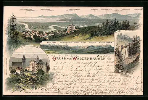 Lithographie Walzenhausen, Ortsansicht, Kirche und Hotel Rheinburg