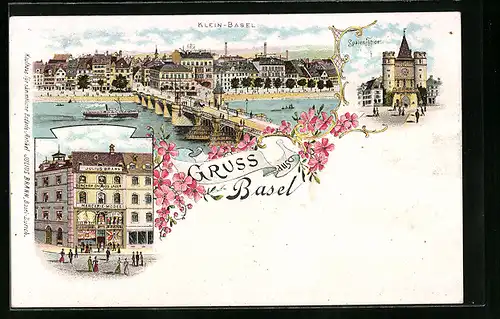 Lithographie Basel, Warenhaus Julius Brahn, Spalentor, Panorama von Klein-Basel