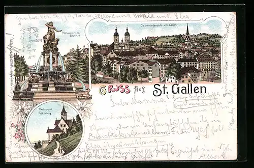 Lithographie St. Gallen, Ortsansicht, Monumentalbrunnen, Restaurant Falkenburg