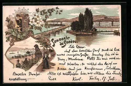Lithographie Genève, Ortsansicht und Uferpromenade