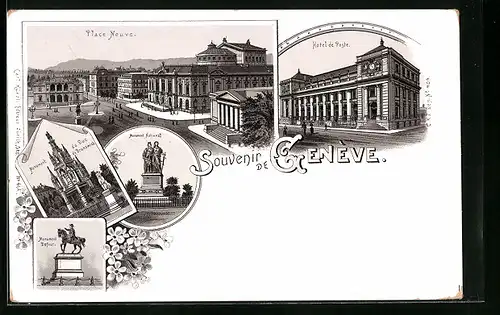 Lithographie Genève, Hotel de Poste, Place Neuve, Monument Dufour