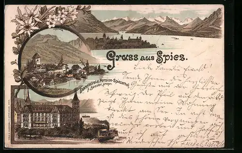 Lithographie Spiez, Ortsansicht, Grand Hôtel & Pension Spiezerhof, Propr.: F. Bassler