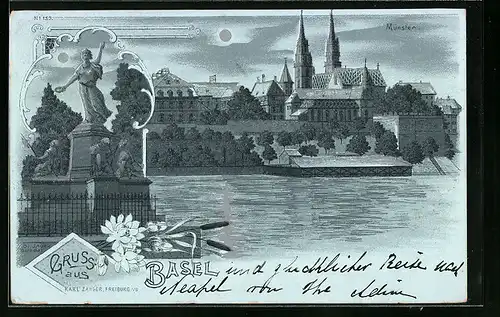 Mondschein-Lithographie Basel, Münster vom Fluss gesehen