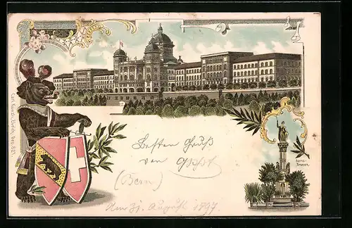 Lithographie Bern, Ortsansicht mit Berna-Brunnen