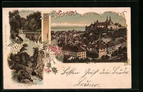 Lithographie Neuchâtel, Ortsansicht, Gorges de l`areuse