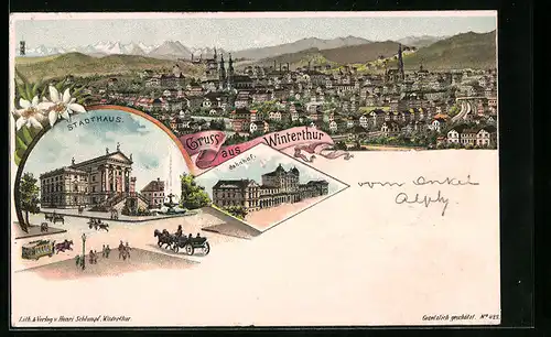 Lithographie Winterthur, Stadthaus, Bahnhof, Totalansicht